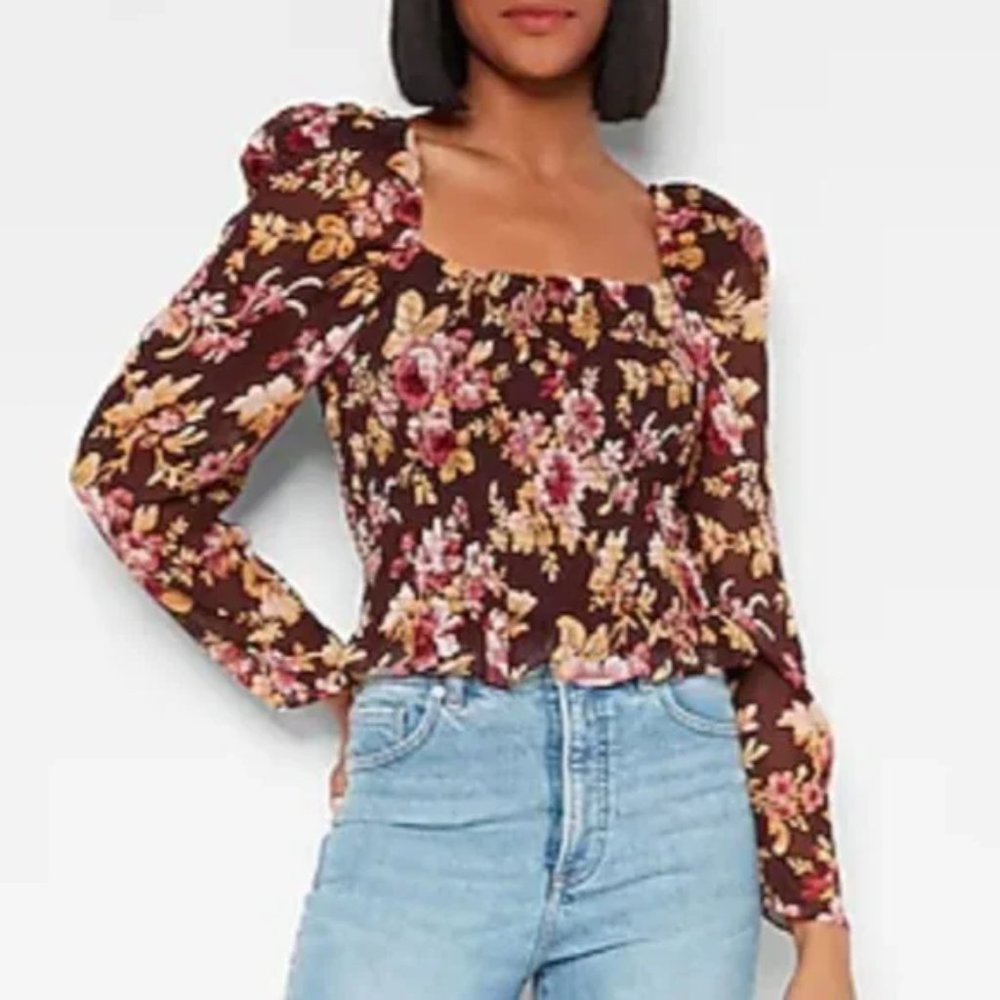 NWT Express Floral Square Neck Smocked Body Long Sleeve Sheer Top Size XS
